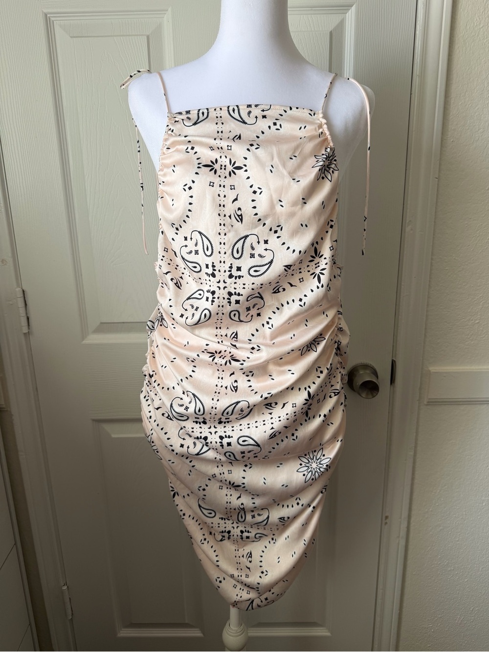 Lioness Bandana Print Ruched Open Back Midi Dress Small Blush Pink